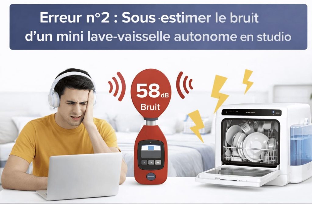 Mini lave-vaisselle autonome en fonctionnement, illustrant le niveau sonore dans un studio