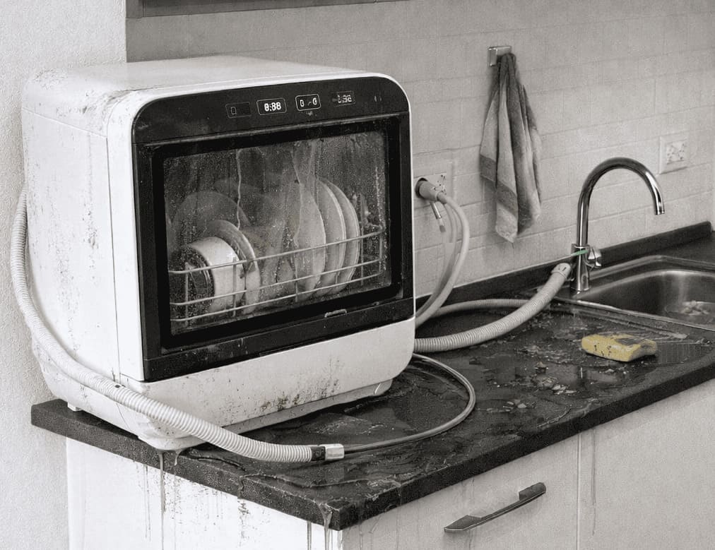 Mini lave-vaisselle autonome après 30 jours d’utilisation, illustrant les contraintes quotidiennes en studio