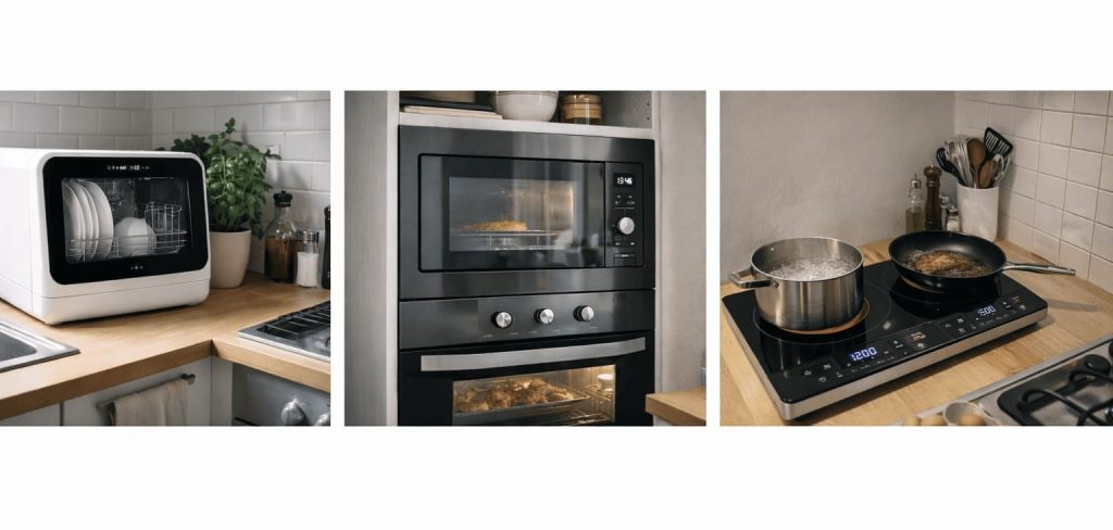 Mini lave-vaisselle, four combiné compact et plaque induction 2 foyers testés en studio dans une petite cuisine d’appartement, photos réalistes en lumière naturelle, conditions réelles d’utilisation