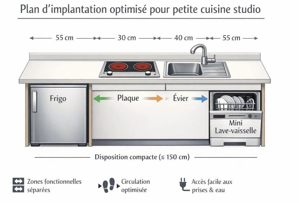 Schéma optimisation cuisine studio petite surface montrant implantation compacte des équipements essentiels et zones fonctionnelles efficaces