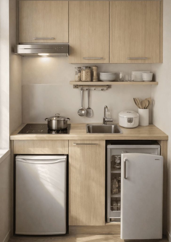 aménager kitchenette studio 15 m2 optimisation espace 150 cm