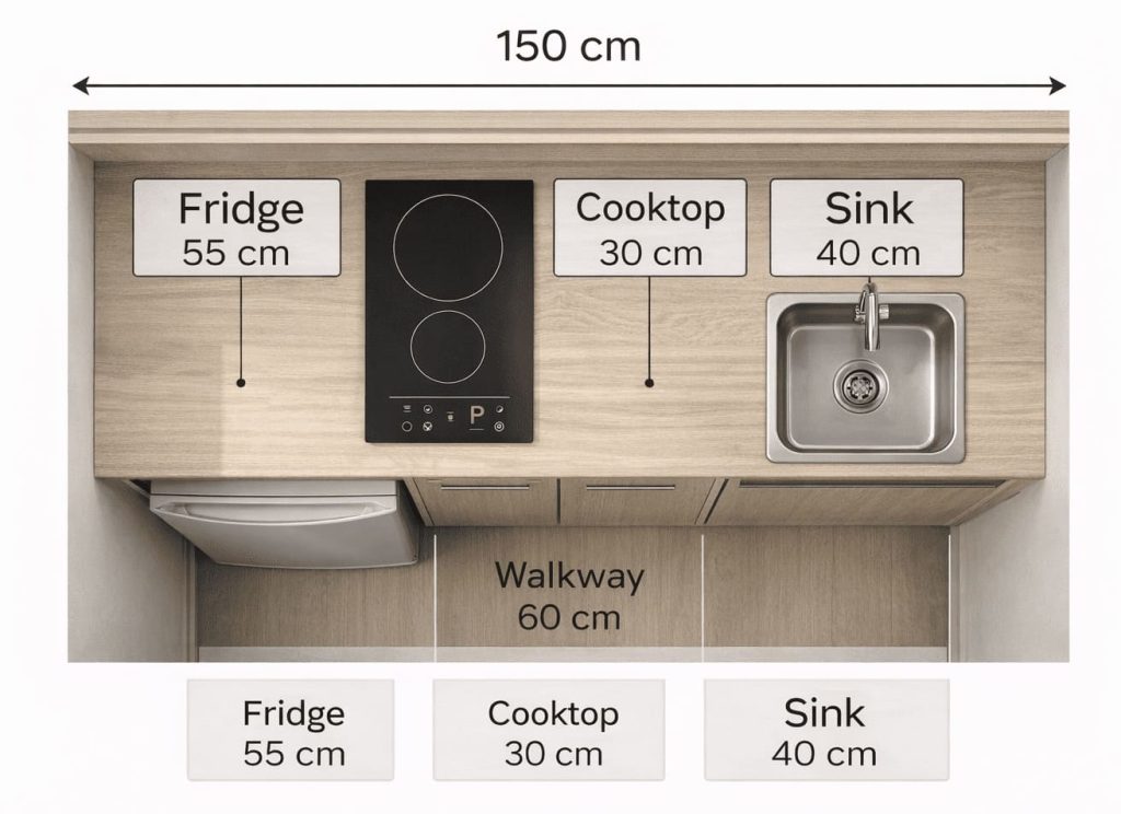 dimension kitchenette studio 150 cm disposition frigo plaque évier