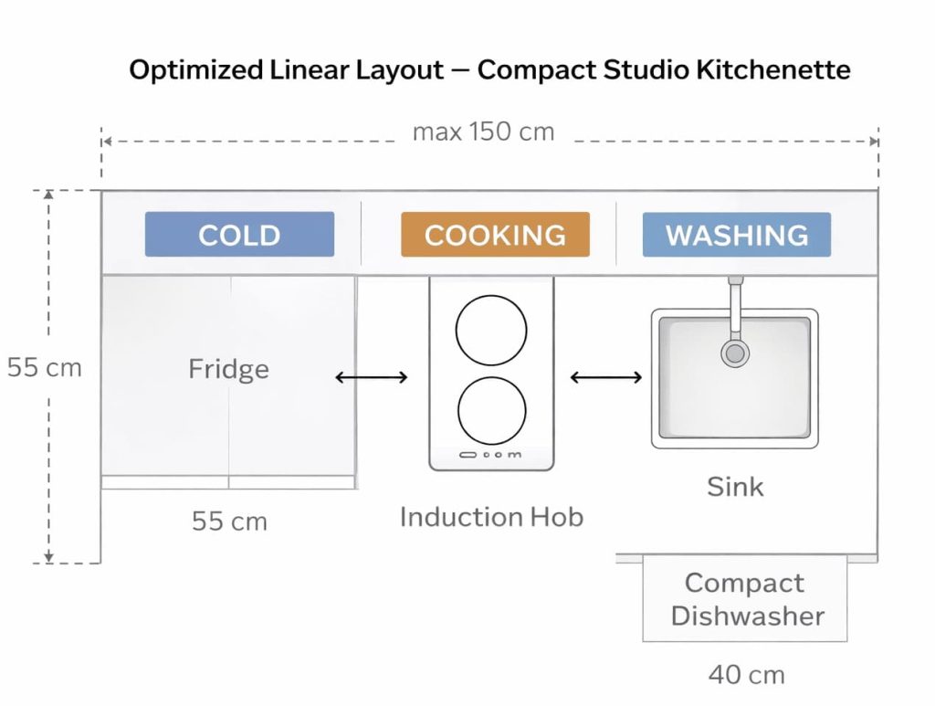 schéma kitchenette studio 150 cm implantation optimale frigo plaque évier lave-vaisselle zones fonctionnelles