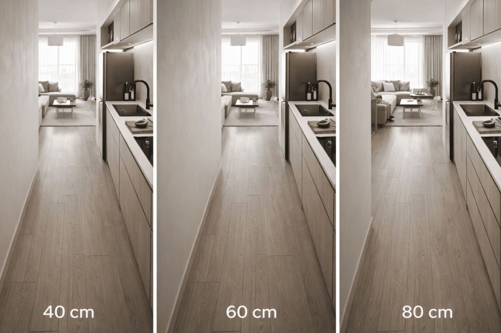 aménager une kitchenette de studio 15 m² Comparatif de passage de cuisine étroite 40 cm, 60 cm et 80 cm en perspective humaine, appartement moderne, rendu réaliste haute définition