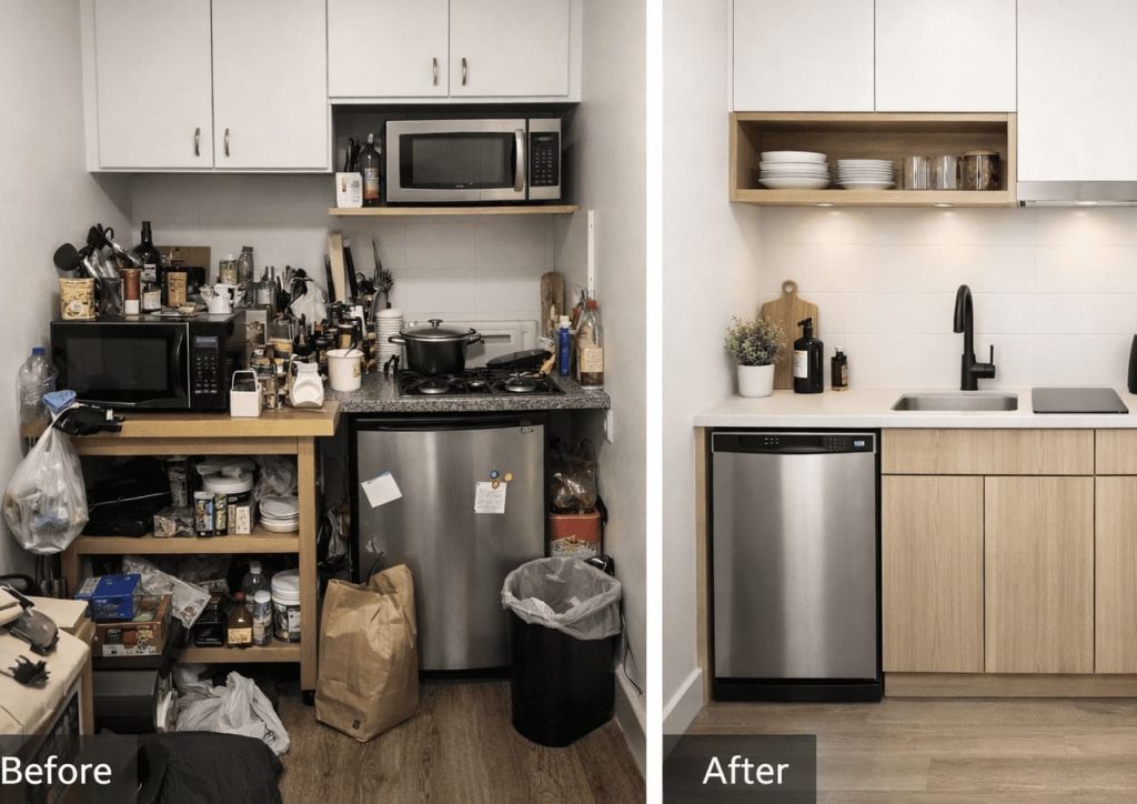 avant après kitchenette studio optimisation espace