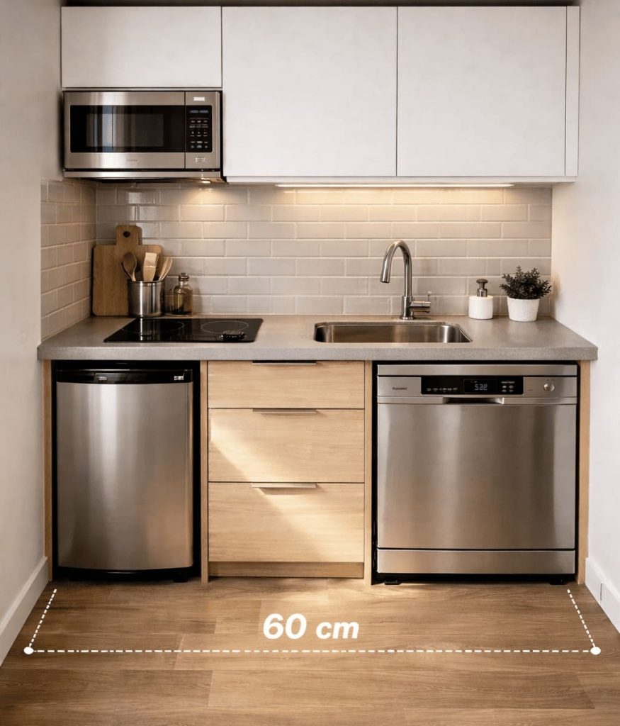 circulation kitchenette studio espace 60 cm passage confortable cuisine compacte