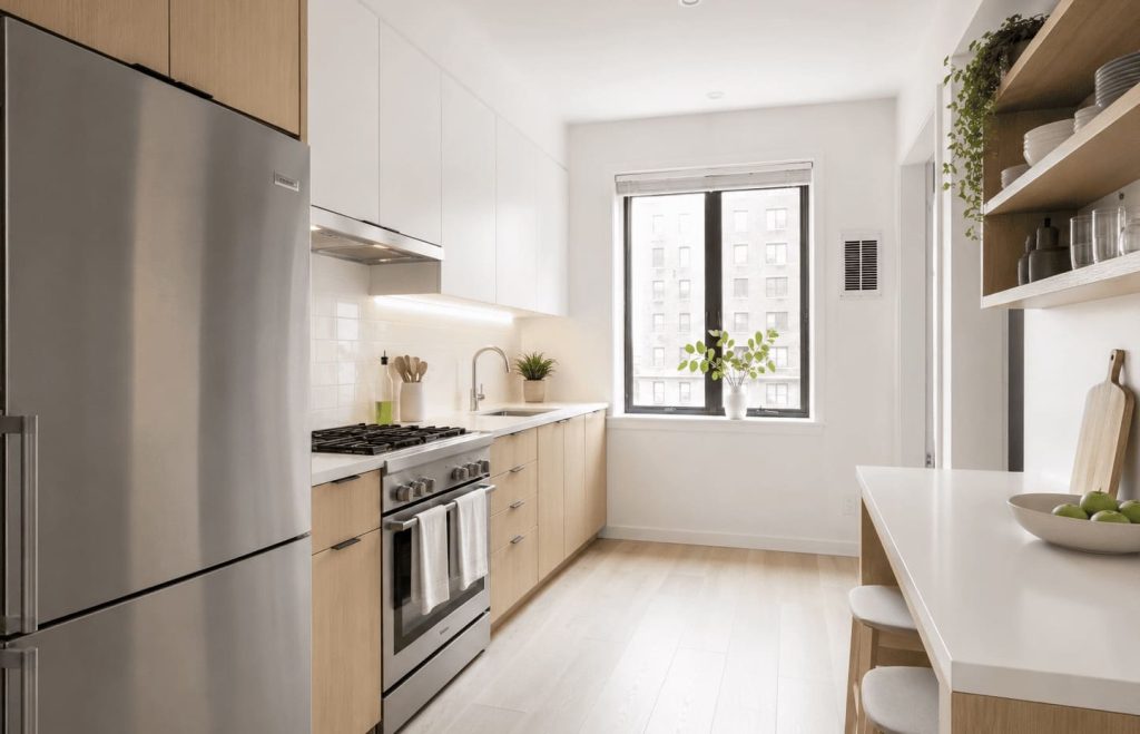 Petite cuisine moderne optimisée avec espace dégagé et organisation fonctionnelle