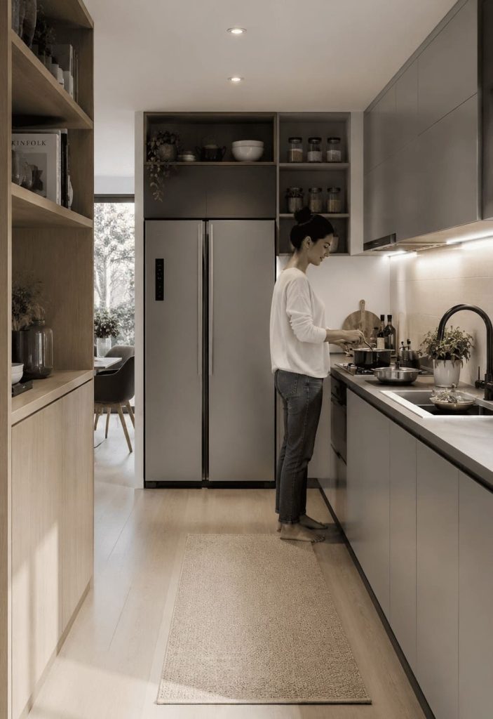Circulation fluide dans une cuisine compacte avec espace dégagé