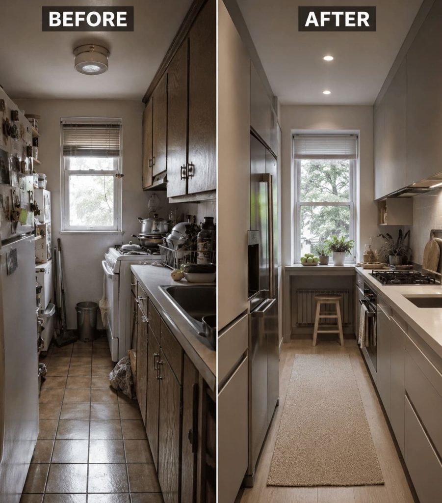 Transformation d’une petite cuisine avant et après optimisation complète