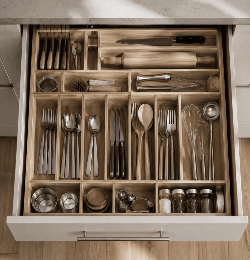 Organisation des tiroirs de cuisine avec rangements compartimentés
