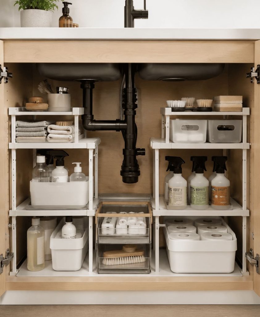 Rangement optimisé sous évier dans une petite cuisine fonctionnelle