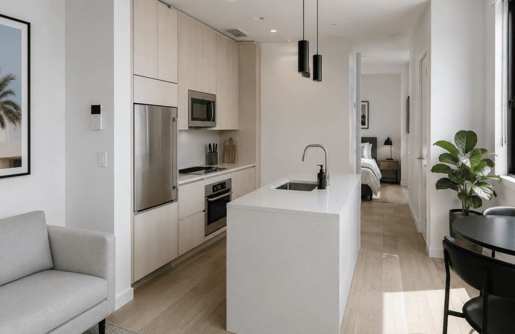 Cuisine de studio avec design minimaliste et espace épuré