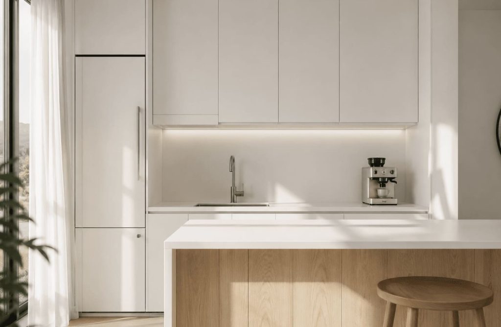 Plan de travail minimaliste dans une petite cuisine parfaitement organisée