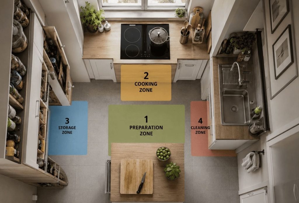 Organisation des zones dans une petite cuisine fonctionnelle