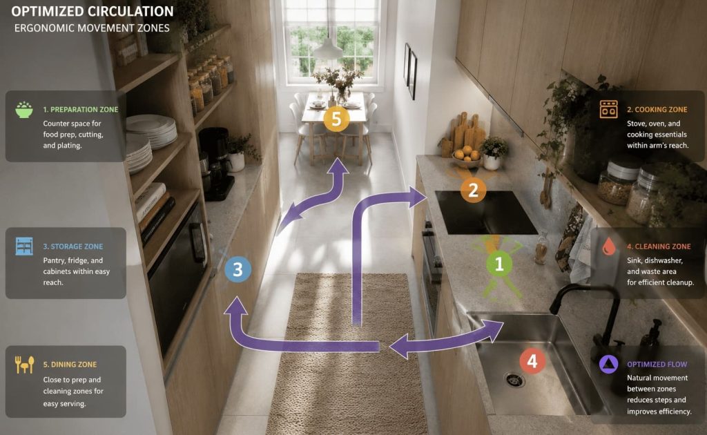 Micro-zones de circulation dans une petite cuisine
