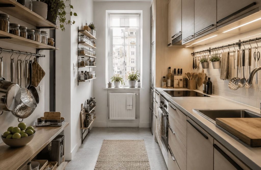 Rangement vertical dans une petite cuisine moderne