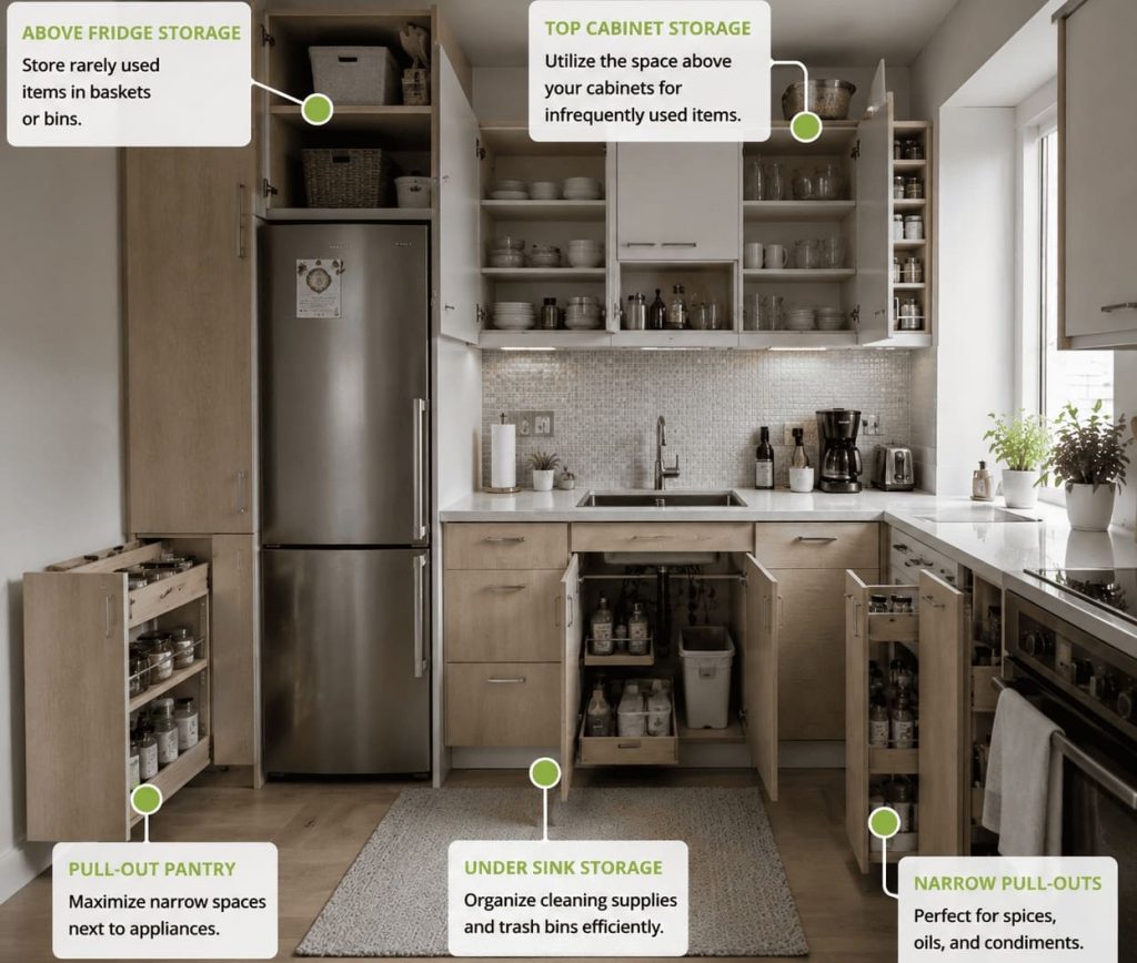 Espaces invisibles exploités dans une petite cuisine