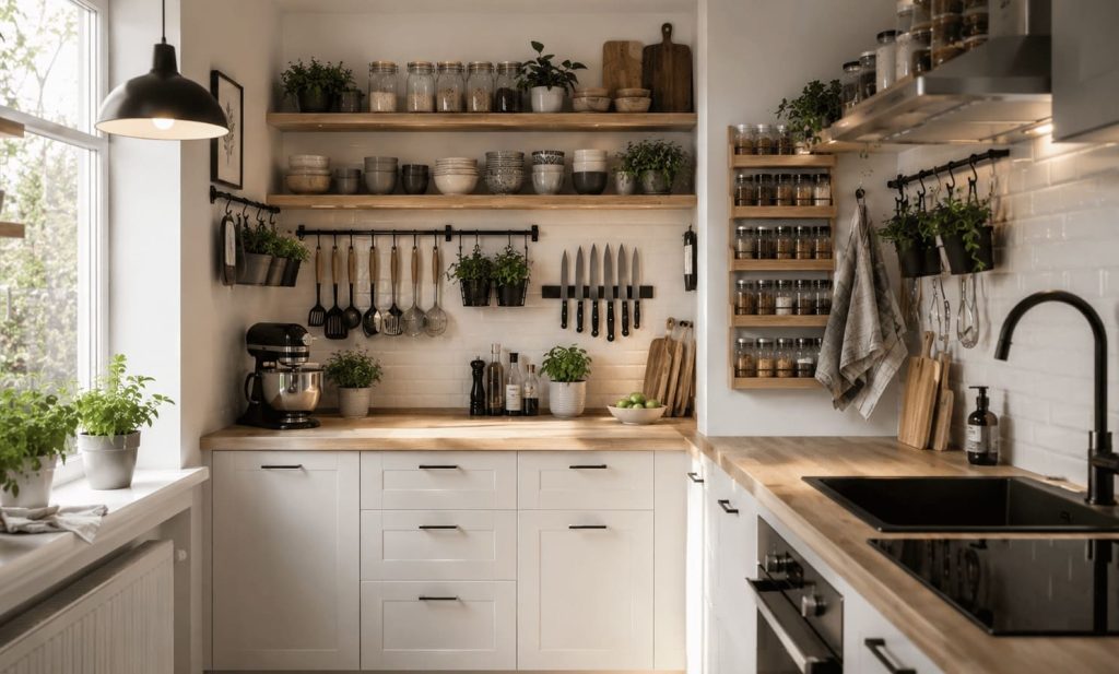 petite cuisine moderne avec rangements muraux optimisés et gain d’espace
