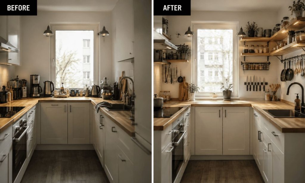 comparaison avant après optimisation rangement mural petite cuisine
