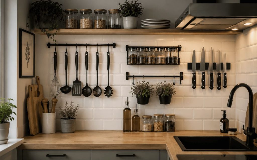crédence fonctionnelle avec rangements muraux dans une petite cuisine