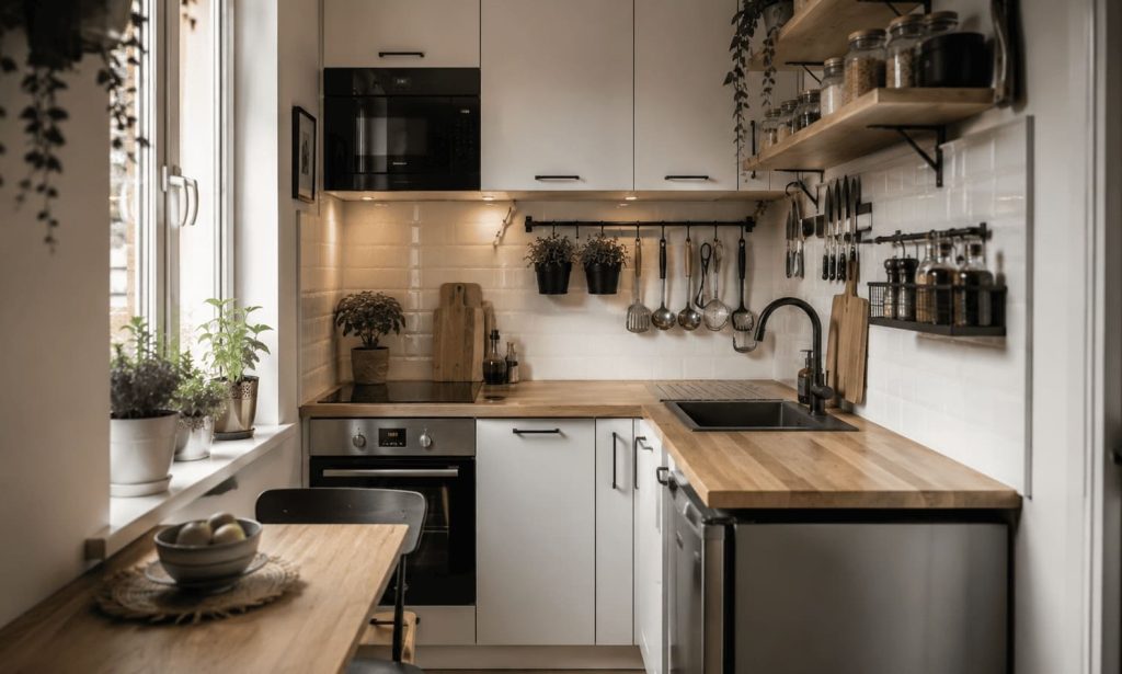 petite cuisine de 5m2 optimisée avec rangement mural petite cuisine
