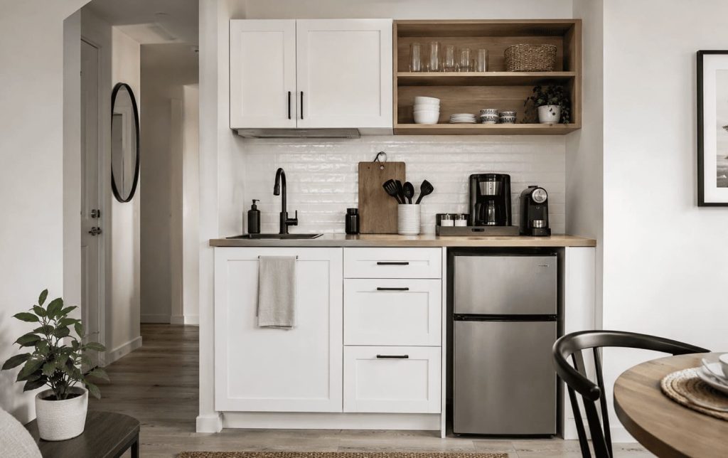 kitchenette Airbnb optimisée avec rangement mural compact