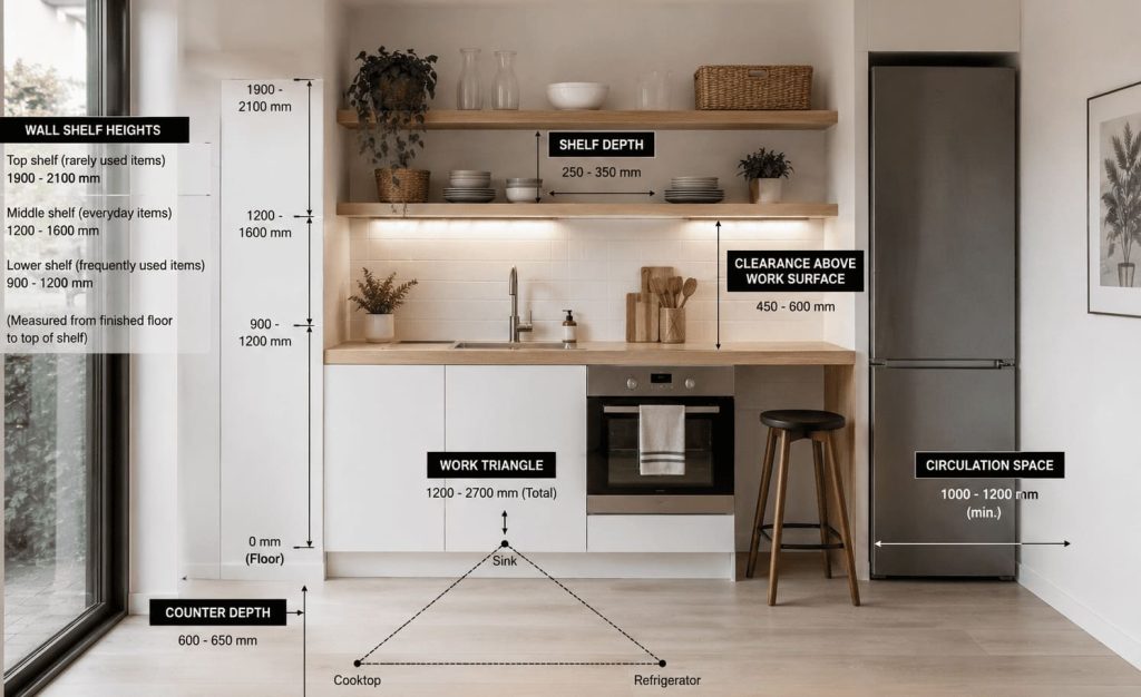 dimensions ergonomiques des rangements muraux dans une petite cuisine