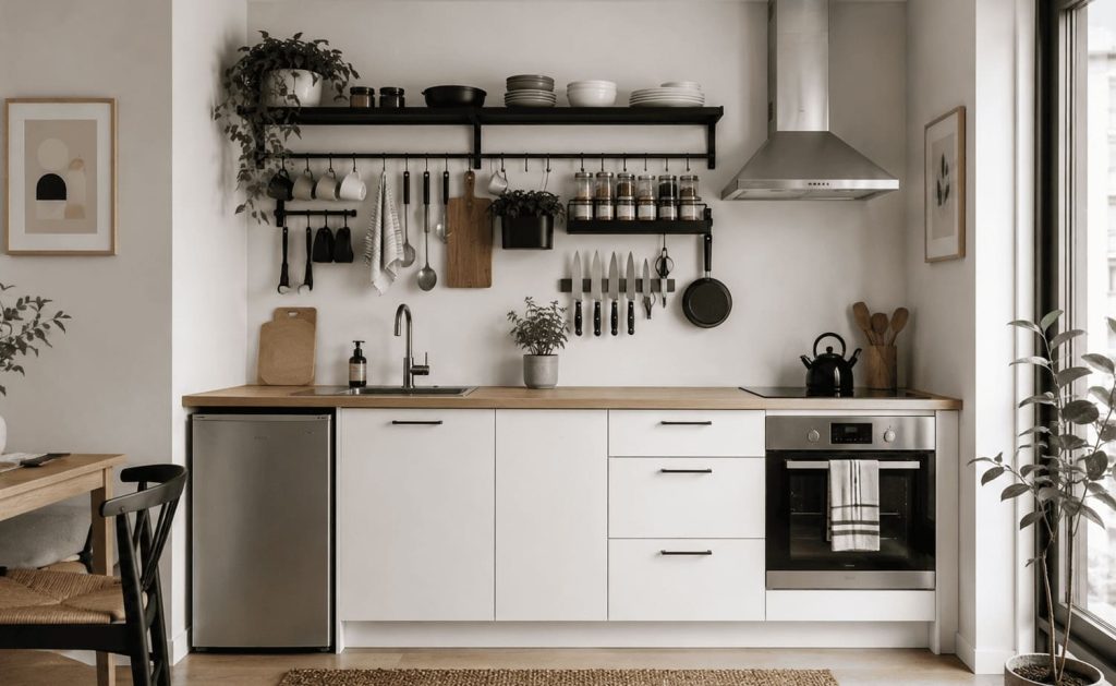 rangement mural petite cuisine mur fonctionnel unique dans une petite cuisine optimisée