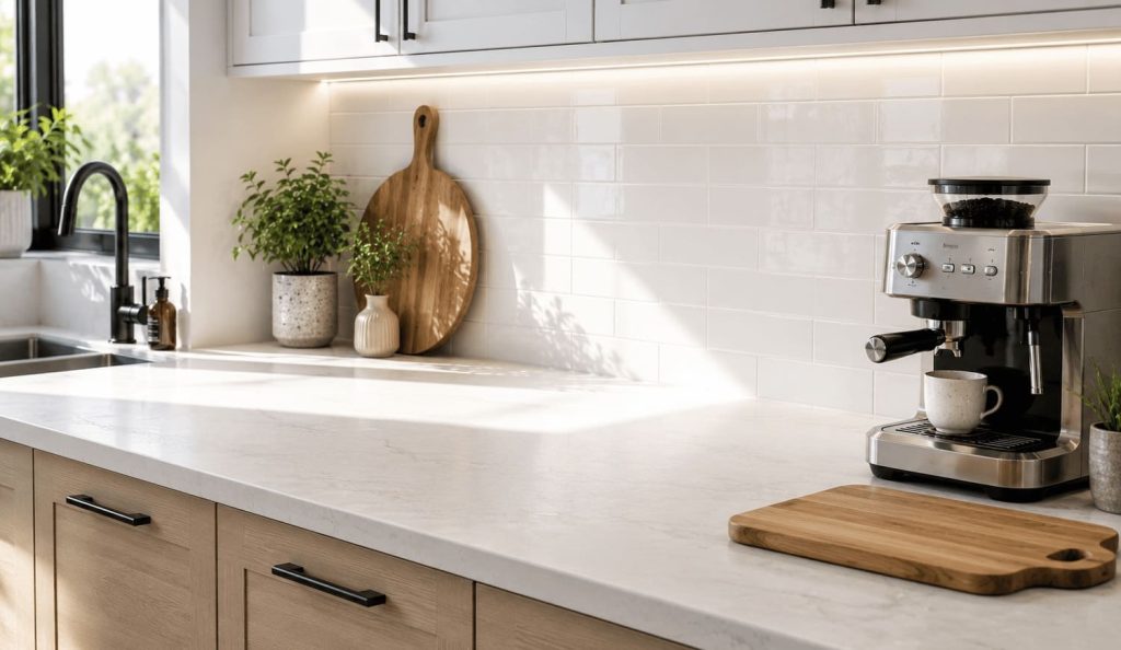 Plan de travail de cuisine désencombré avec grande surface libre et équipements essentiels