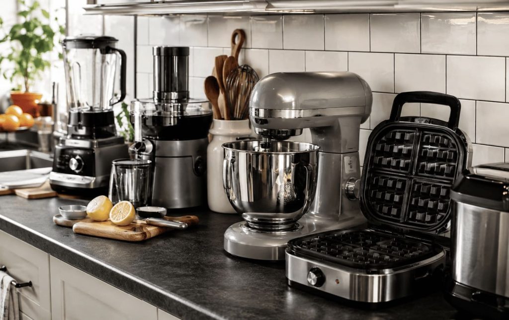 Plan de travail de cuisine encombré avec plusieurs appareils électroménagers visibles
