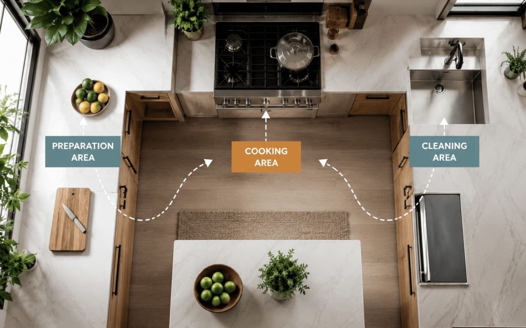 Organisation d'une cuisine avec zone préparation, cuisson et lavage
