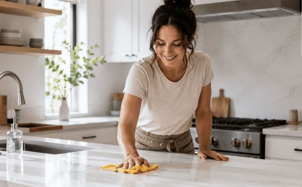 Nettoyage rapide d'un plan de travail de cuisine dégagé