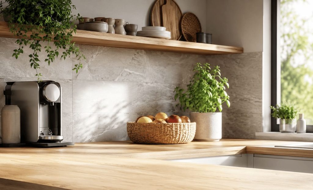 Plan de travail de cuisine fonctionnel avec quelques objets essentiels et grande surface libre
