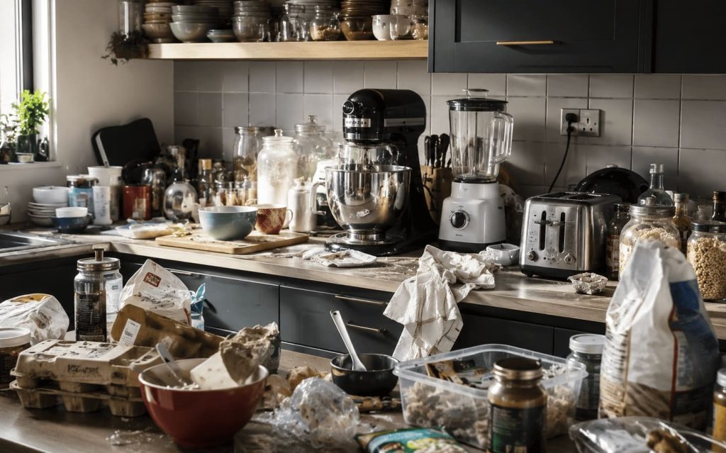 Plan de travail de cuisine encombré avec trop d'appareils et peu d'espace disponible
