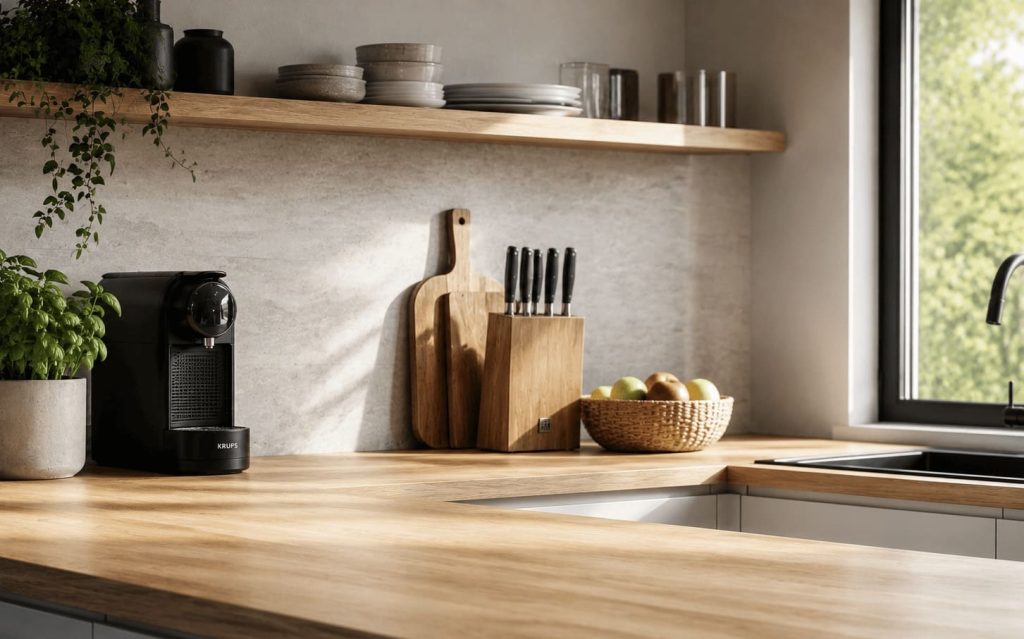 Machine à café et accessoires essentiels visibles dans une cuisine bien organisée