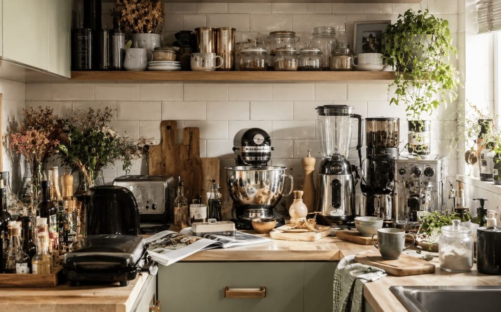 Accumulation d'objets sur un plan de travail de cuisine réduisant l'espace disponible