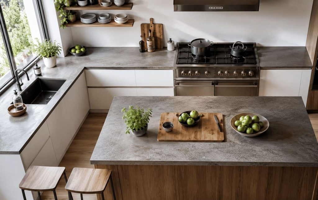 Organisation d'un plan de travail de cuisine avec zones préparation cuisson et lavage