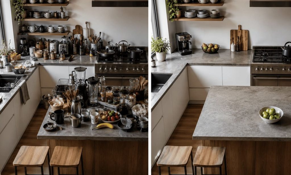 Avant et après réorganisation d'un plan de travail de cuisine avec plus de surface libre