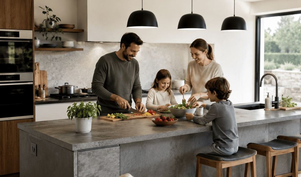 Cuisine familiale organisée avec plan de travail dégagé et objets essentiels