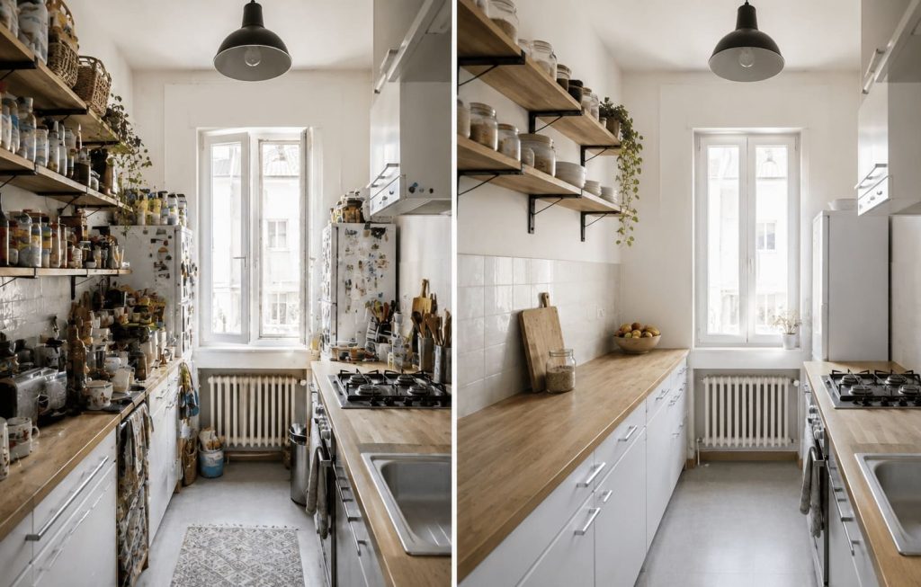 Comparaison entre une cuisine encombrée et une cuisine visuellement dégagée.