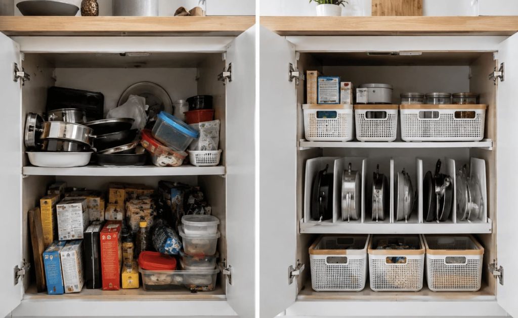 Placard de cuisine mal organisé puis optimisé avec des rangements adaptés.