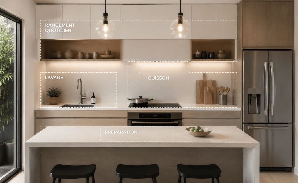 organisation-micro-zones-petite-cuisine.webp" alt="Les erreurs qui encombrent une petite cuisine, organisation en micro-zones fonctionnelles avec espaces de préparation optimisés