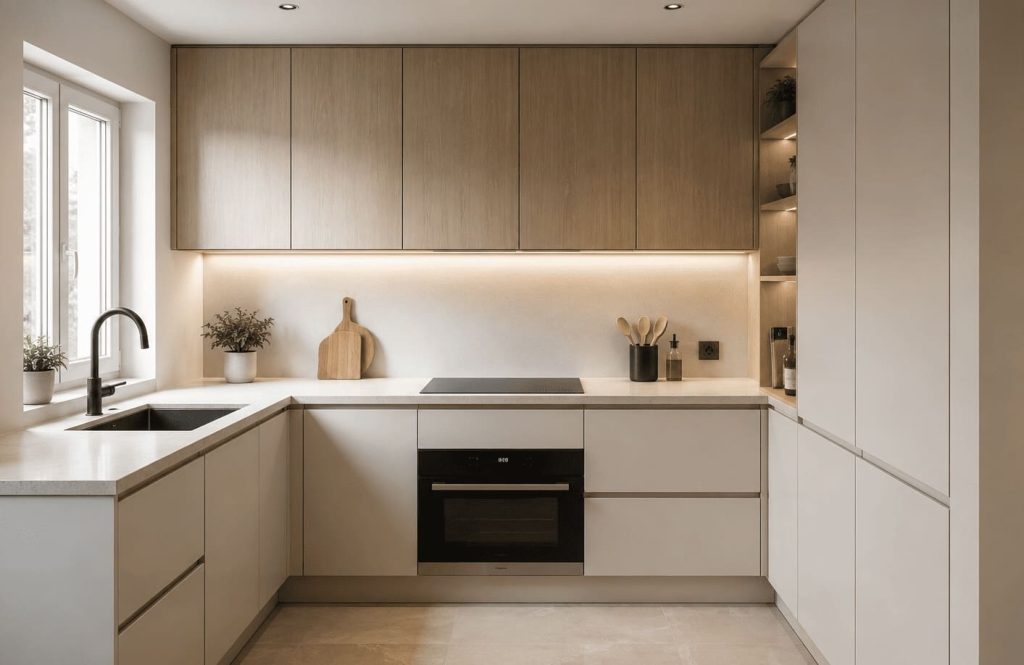 Les erreurs qui encombrent une petite cuisine, espace réorganisé avec des rangements optimisés et des surfaces dégagées.