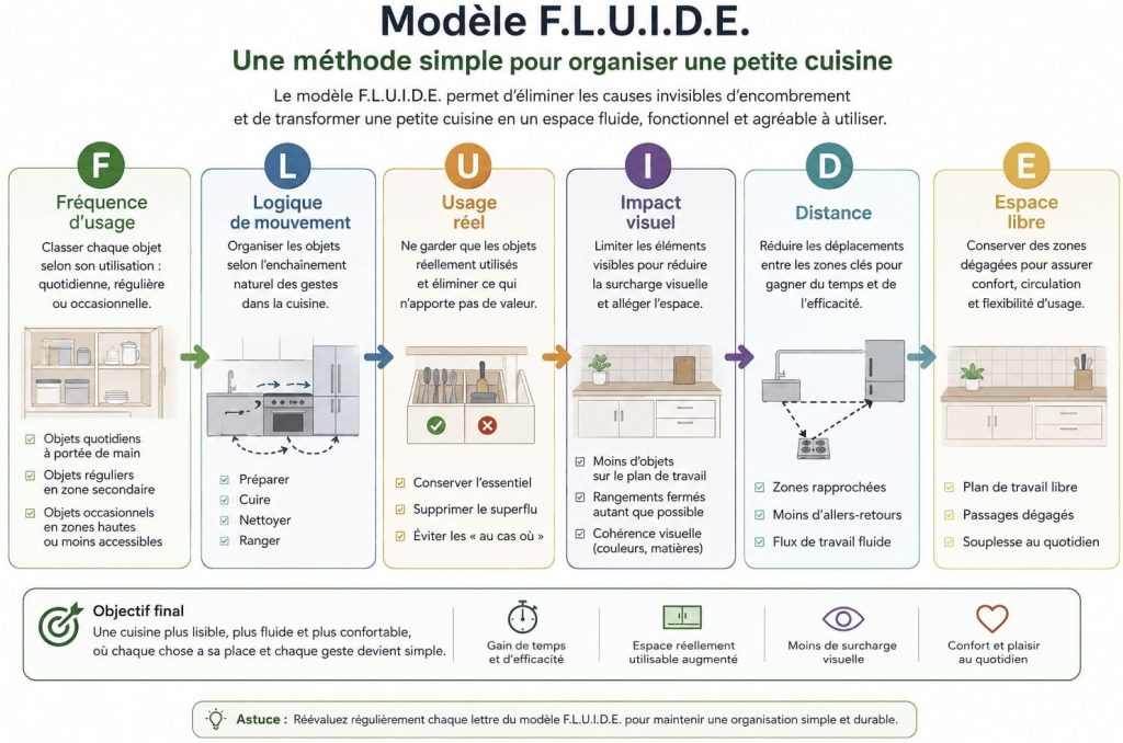 Modèle F.L.U.I.D.E pour organiser une petite cuisine et réduire les erreurs qui encombrent l'espace grâce à une méthode basée sur la fréquence d'usage, la circulation, l'impact visuel et les micro-zones.
