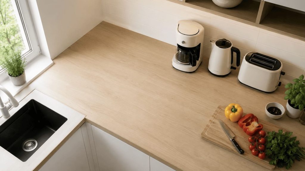 Plan de travail de cuisine avec 60 pour cent de surface libre et appareils regroupés