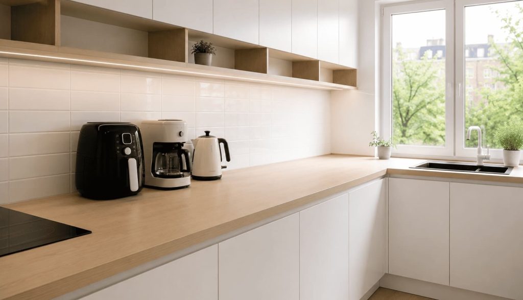 Appareils électroménagers indispensables sur un plan de travail de petite cuisine