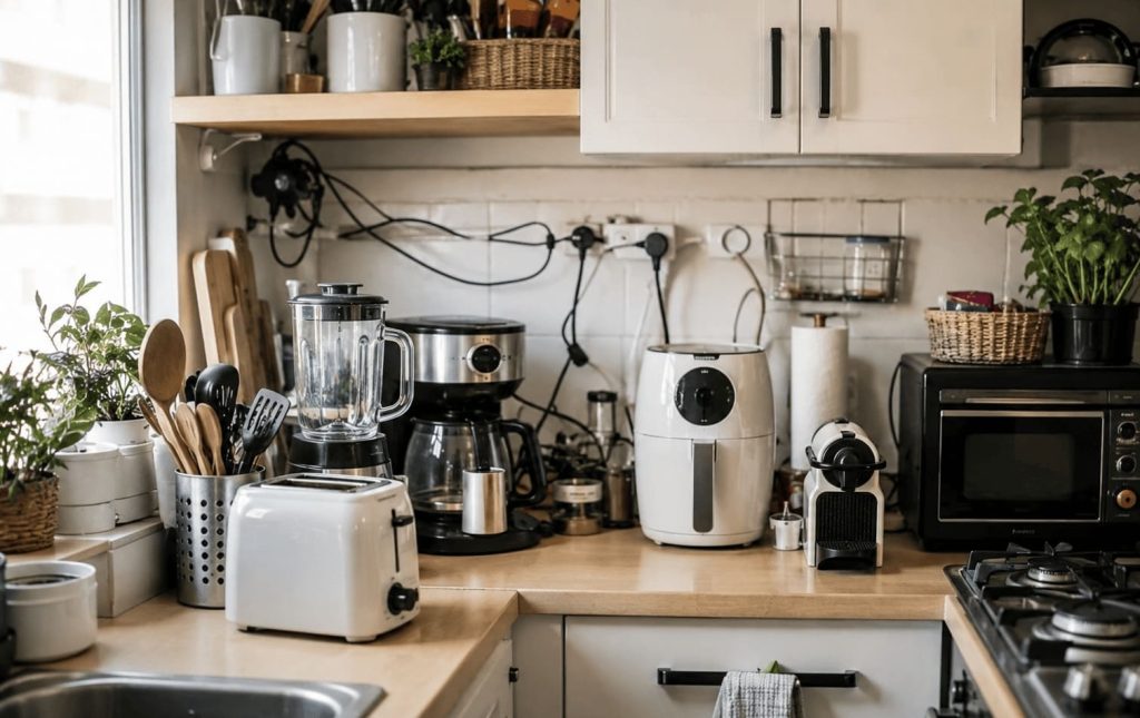 Cuisine encombrée avec appareils électroménagers, câbles visibles et accessoires sur le plan de travail