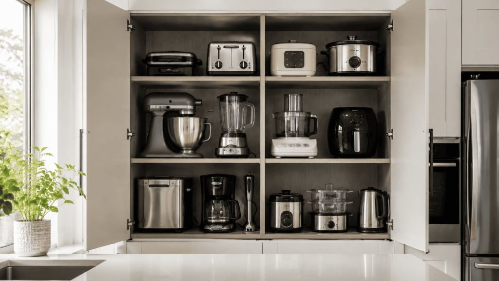 Placard de cuisine organisé avec appareils électroménagers rangés