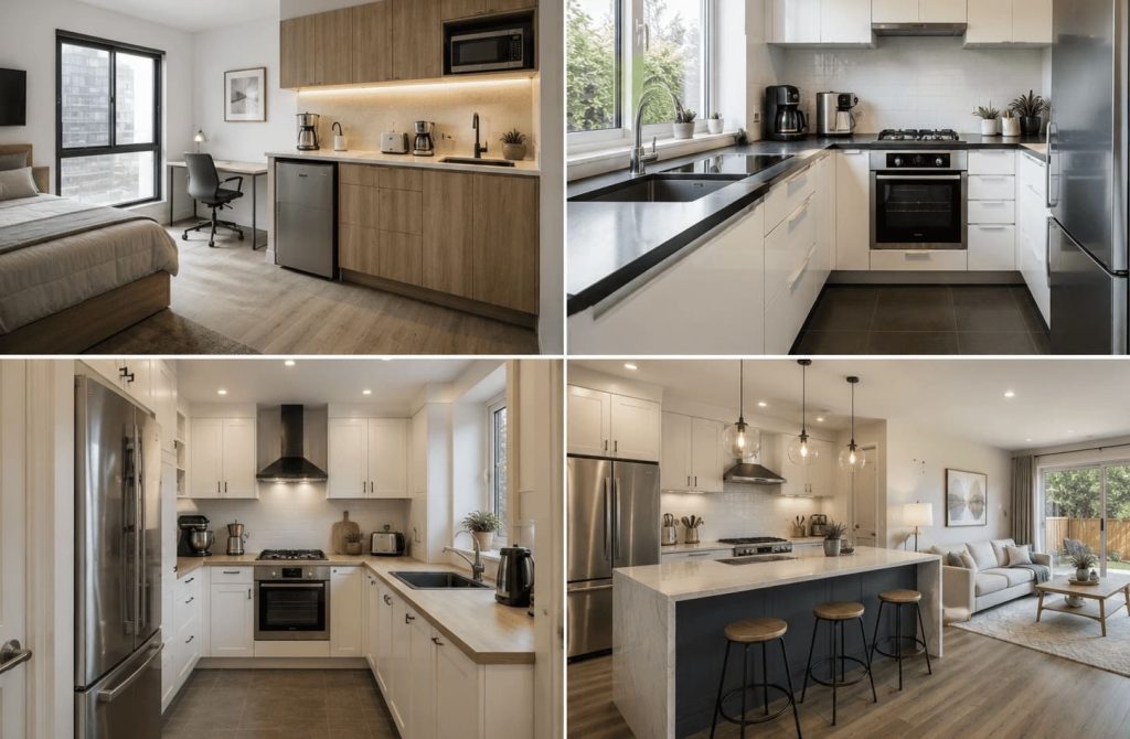 Différentes configurations de petites cuisines avec le bon nombre d’appareils visibles