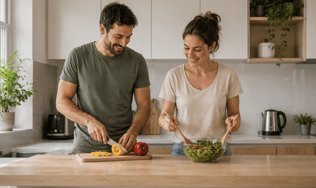 Plan de travail dégagé dans une petite cuisine moderne facilitant la préparation des repas